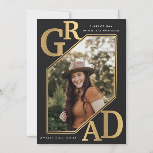 モダン金ゴールド卒業写真 招待状 (正面)