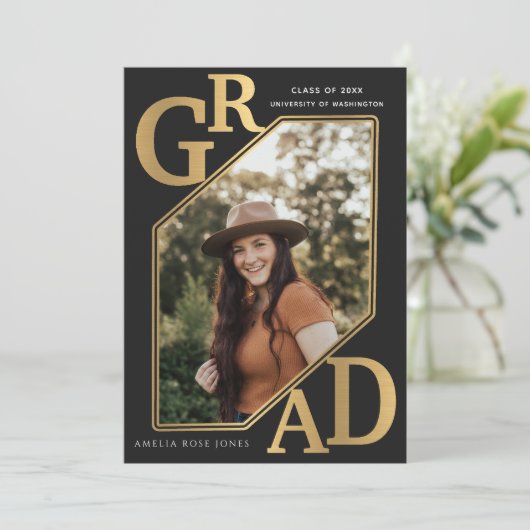 モダン金ゴールド卒業写真 招待状 (スタンド正面)
