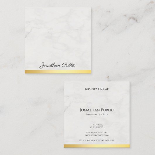 モダン金ゴールド及び大理石エレガントハンドスクリプト文字 スクエア名刺 (正面/裏面)