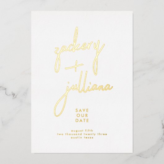 モダン金ゴールド名 |写真の編集可能な日付を保存 箔招待状 (正面)