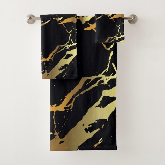モダン金ゴールド大理石ブラックイエローエレガントストライプ バスタオルセット (インサイチュ)