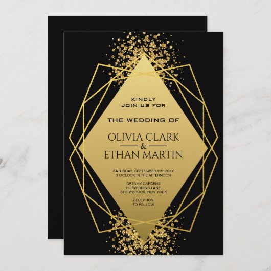 モダン金ゴールド幾何学的ダイヤモンドの黒 招待状 (正面/裏面)