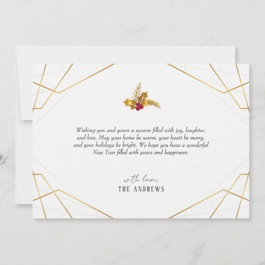 モダン金ゴールド幾何学的ファミリーフォトクリスマス シーズンカード (裏面)