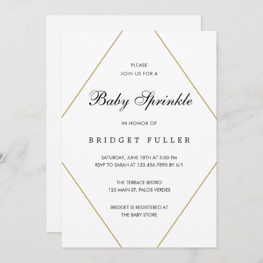 モダン金ゴールド幾何男女兼用ベビー散布 招待状 (正面/裏面)