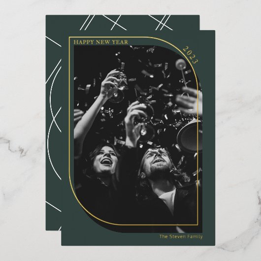 モダン金ゴールド新年オーバーレイ写真シック緑 箔シーズンカード (正面/裏面)