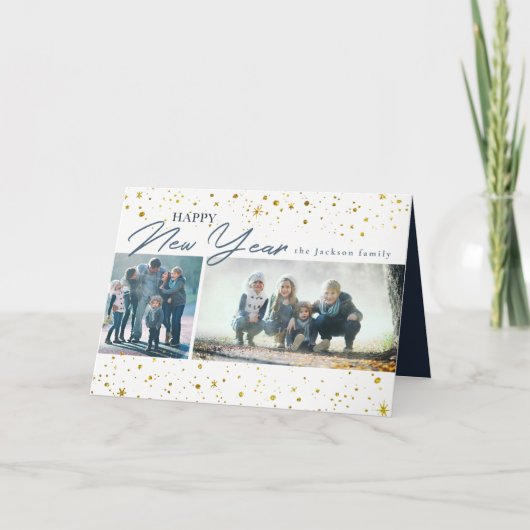 モダン金ゴールド星とドット新年の挨拶 シーズンカード (正面)