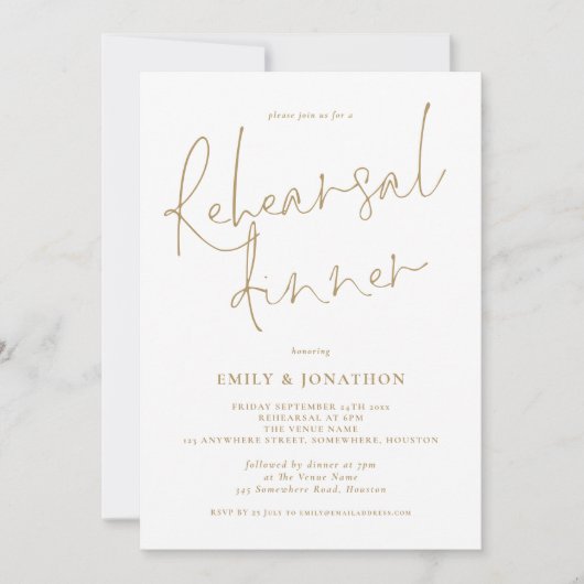 モダン金ゴールド書の写真のリハ結婚ーサルディナー 招待状 (正面)