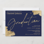 モダン金ゴールド書海軍ブルー写真卒業 招待状 (正面)