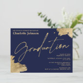 モダン金ゴールド書海軍ブルー写真卒業 招待状 (スタンド正面)