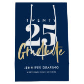 モダン金ゴールド書道ブルー卒業 ミディアムペーパーバッグ (裏面)