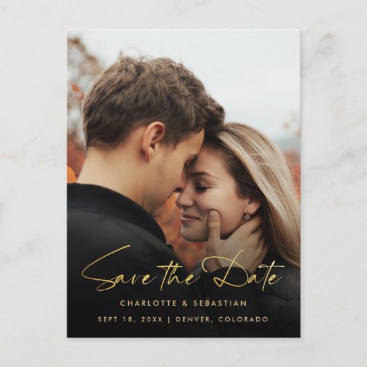 モダン金ゴールド書道写真の保存日付 案内ポストカード (正面)