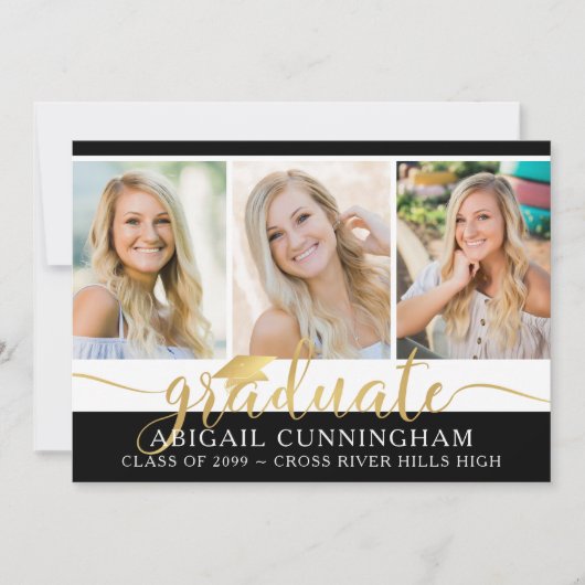 モダン金ゴールド書道台本4写真卒業 案内状 (正面)