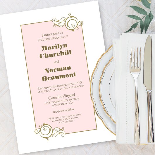 モダン金ゴールド枠ピンク結婚ズ 招待状