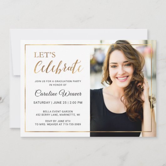 モダン金ゴールド枠フォトコラージュ卒業パーティー 招待状 (裏面)