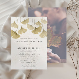 モダン金ゴールド水彩銀杏結婚葉 招待状
