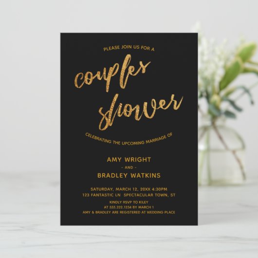 モダン金ゴールド波手書きブラックカップルシャワー 招待状 (スタンド正面)