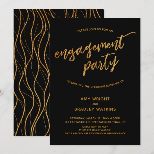 モダン金ゴールド波黒の婚約 招待状 (正面/裏面)