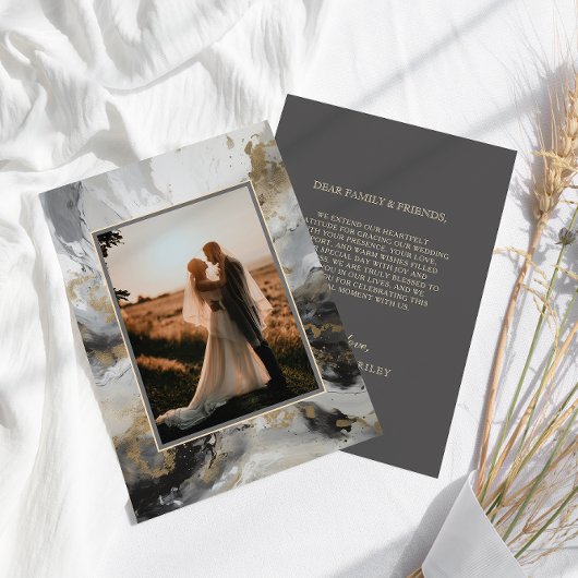 モダン金ゴールド炭芸術的煙炭結婚石写真 サンキューカード