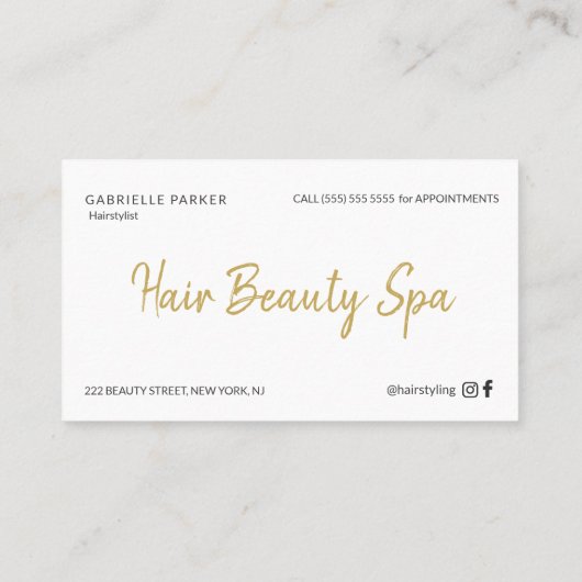 モダン金ゴールド白と黒のスクリプト美容師 名刺 (裏面)