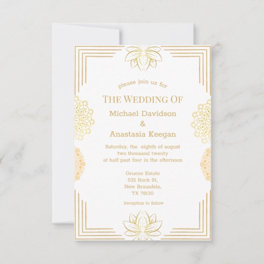 モダン金ゴールド白インディアン幾何結婚型 招待状 (正面)