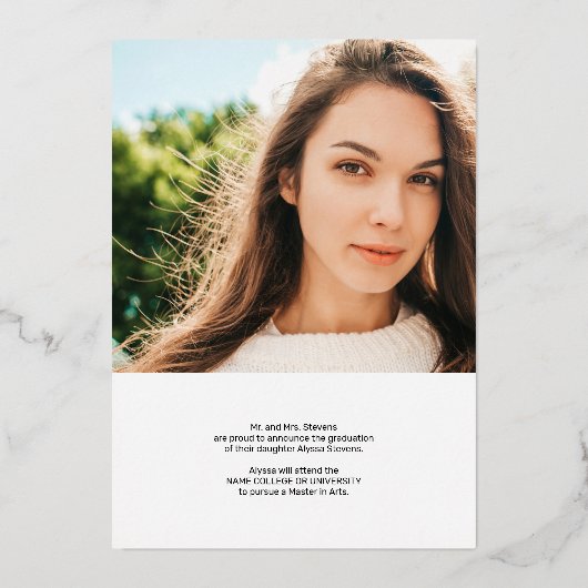 モダン金ゴールド白シンプル2枚の写真卒業 箔招待状 (裏面)