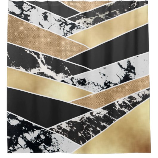 モダン金ゴールド白黒グリッター幾何学模様 シャワーカーテン (正面)