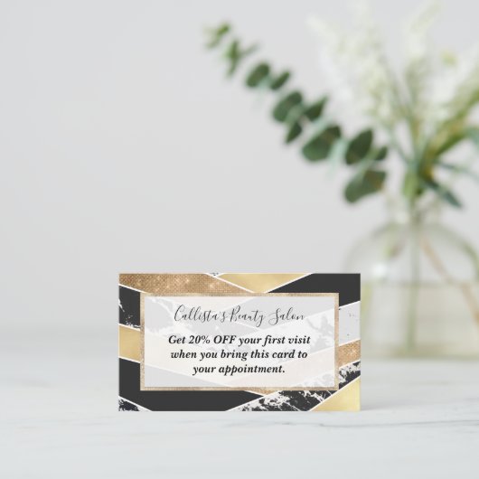 モダン金ゴールド白黒グリッター幾何学模様 割引カード (スタンド正面)