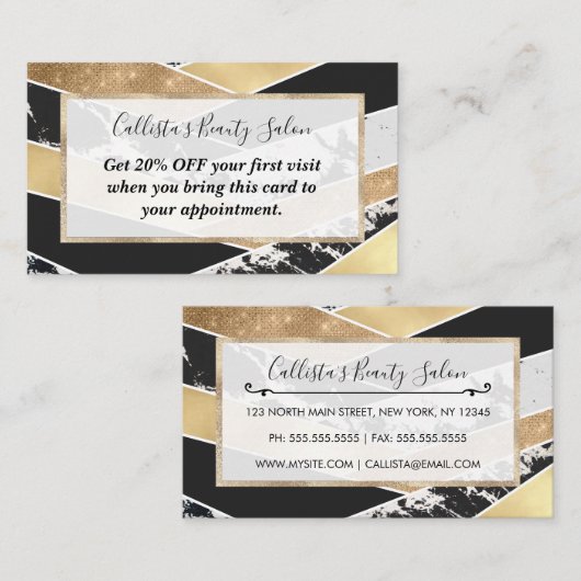 モダン金ゴールド白黒グリッター幾何学模様 割引カード (正面/裏面)