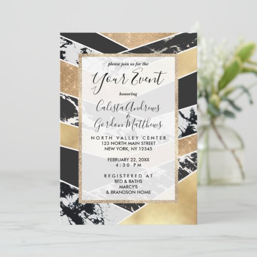 モダン金ゴールド白黒グリッター幾何学模様 招待状 (スタンド正面)