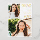 モダン金ゴールド白3枚の写真卒業 箔招待状 (正面)