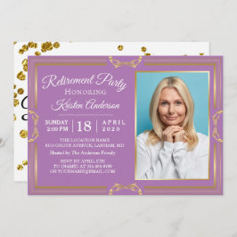 モダン金ゴールド紫色の写真退職パーティー 招待状