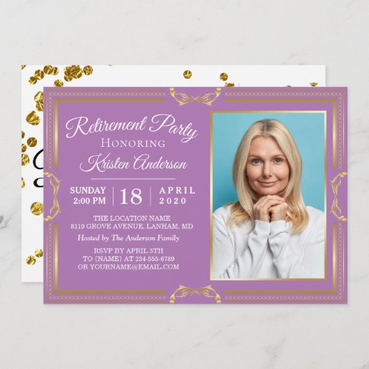 モダン金ゴールド紫色の写真退職パーティー 招待状 (正面/裏面)