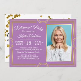 モダン金ゴールド紫色の写真退職パーティー 招待状