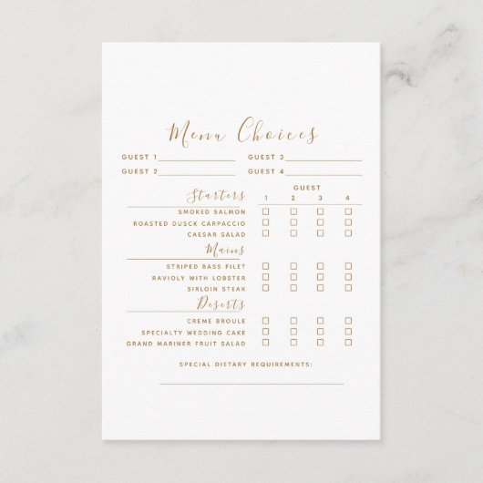 モダン金ゴールド結婚のメニュー選択カード エンクロージャーカード (正面)