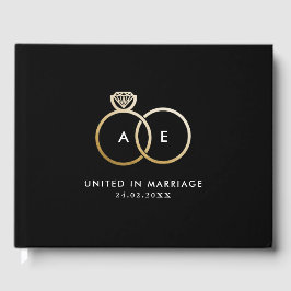モダン金ゴールド結婚ズリングや輪モノグラムブラックゲストブック ゲストブック