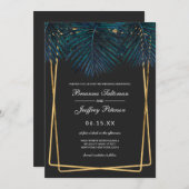モダン金ゴールド結婚ティール(緑がかった色)パーム離れジオ縁ど 招待状 (正面/裏面)