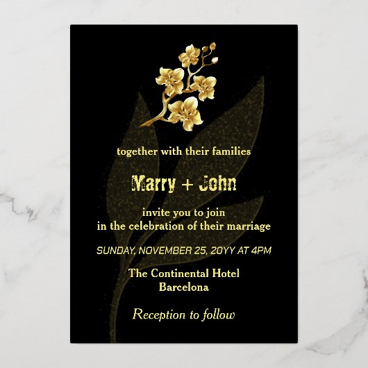 モダン金ゴールド結婚葉 箔招待状 (正面)