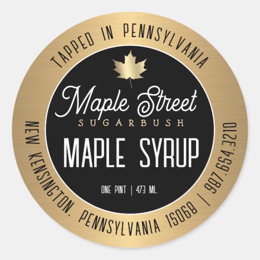モダン金ゴールド縁どとリーフメープルシロップのラベル ラウンドシール (正面)