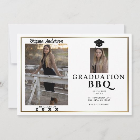 モダン金ゴールド縁ど卒業写真BBQパーティー 招待状 (正面)