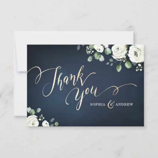 モダン金ゴールド脚本ネイビー・ブルー・ホワイト・フローラ結婚 サンキューカード (正面)