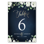 モダン金ゴールド脚本ネイビー・ブルー・ホワイト・フローラ結婚 テーブルナンバー (裏面)