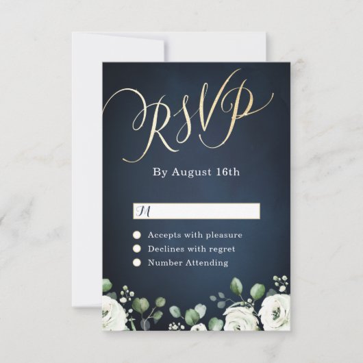 モダン金ゴールド脚本ネイビー・ブルー・ホワイト・フローラ結婚 出欠カード (正面)