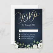 モダン金ゴールド脚本ネイビー・ブルー・ホワイト・フローラ結婚 出欠カード (正面/裏面)