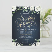 モダン金ゴールド脚本ネイビー・ブルー・ホワイト・フローラ結婚 招待状 (スタンド正面)