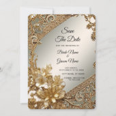 モダン金ゴールド華美フローラ保存日付 セーブザデート (正面)