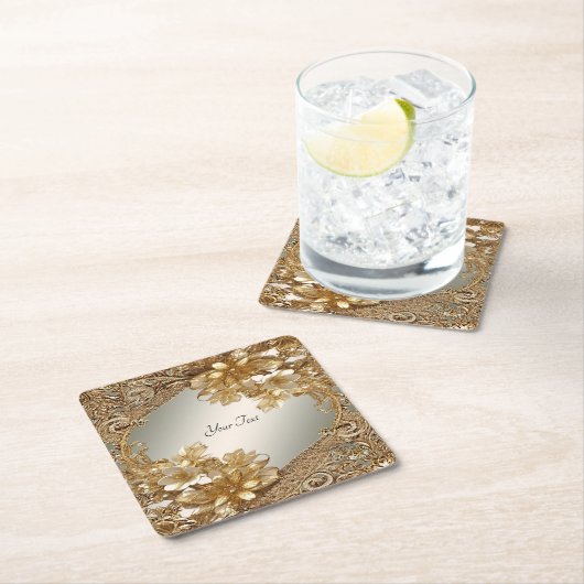 モダン金ゴールド華美フローラ紙コースター スクエアペーパーコースター (インサイチュ)