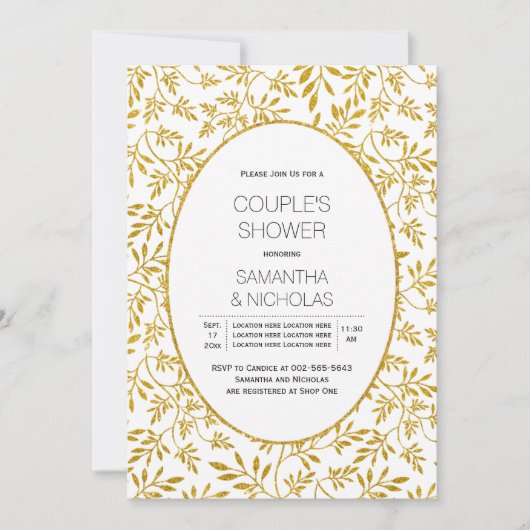 モダン金ゴールド葉結婚グリッターのカップルのシャワー 招待状 (正面)