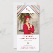 モダン金ゴールド赤対角ストライプ写真卒業 案内状 (正面)