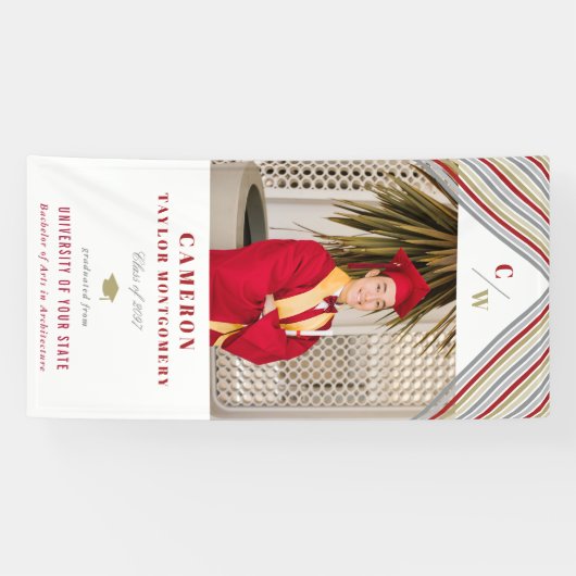 モダン金ゴールド赤対角ストライプ写真卒業 横断幕 (横)