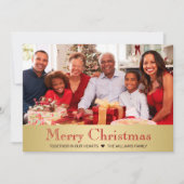 モダン金ゴールド赤植物のクリスマスファミリー写真 シーズンカード (正面)